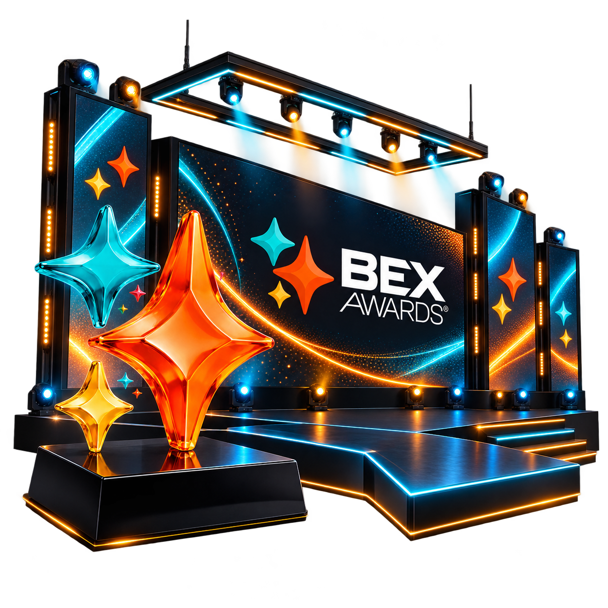 Composição visual e troféu do BEX Awards