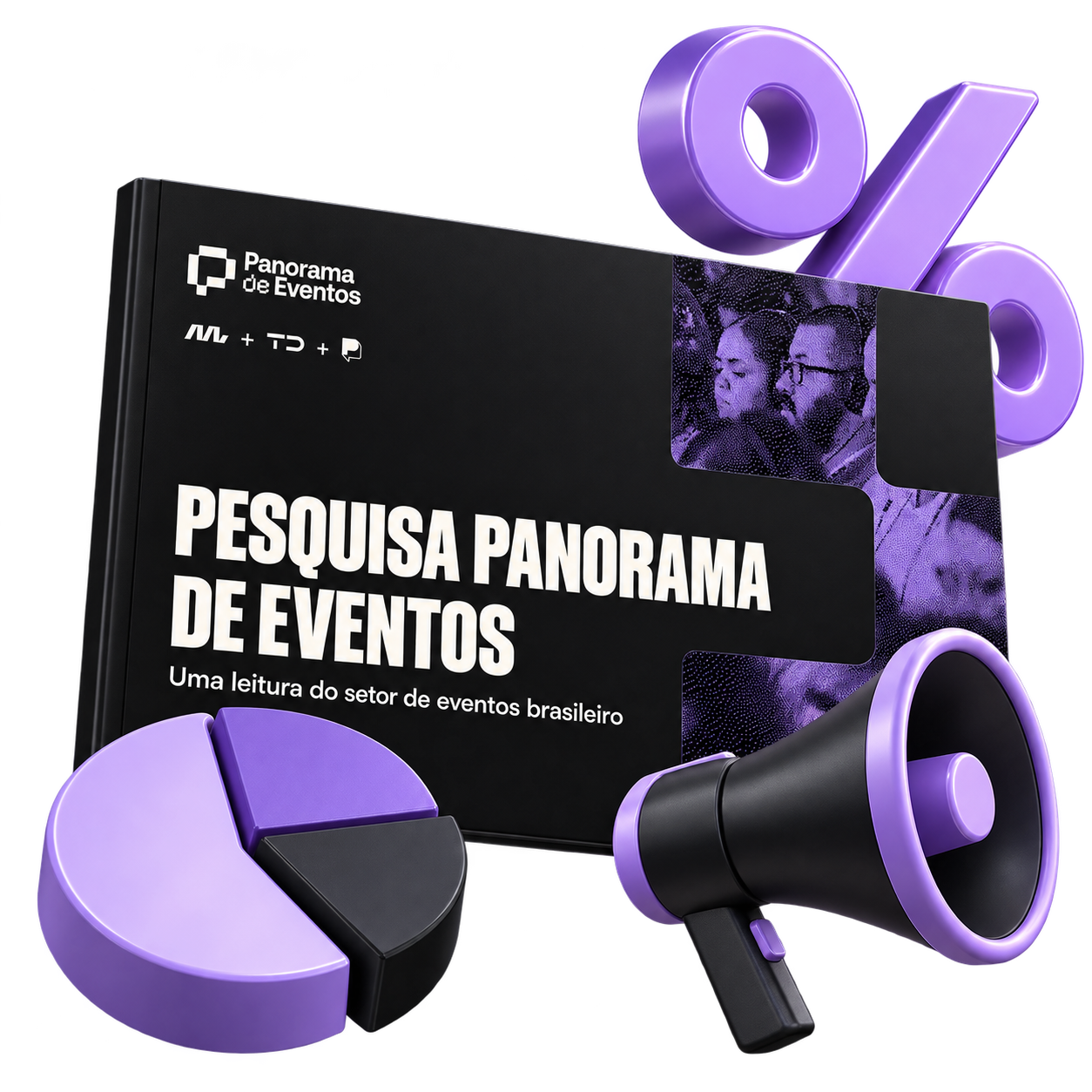 Pesquisa Panorama de Eventos com gráfico, percentual e megafone em composição 3D