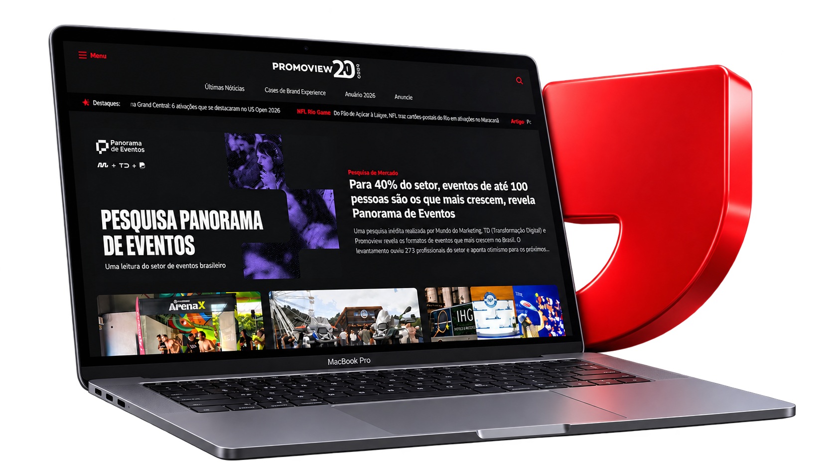 Portal Promoview apresentado em um MacBook com o símbolo da marca em vermelho